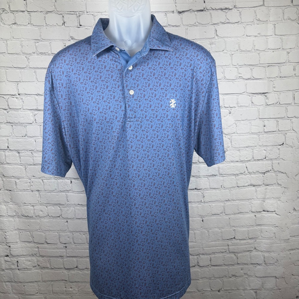 IZOD Golf Mens LT Blue Polo Shirt Novelty Golf Bag Cart Print Performance Tall